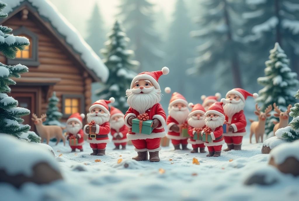 masterpiece:1.2,  highres icon:1.3, (Little Santa ,  lots of little Santa Claus, White Beard, つぶらなcute目, Santa's Red Outfit , Carrying presents , cute,  it's falling),  reindeer, Clay animation,  Santa Claus Village, Miniature-like log house , Vision, Shooting from the sky, coniferous forest,  gentle illustration