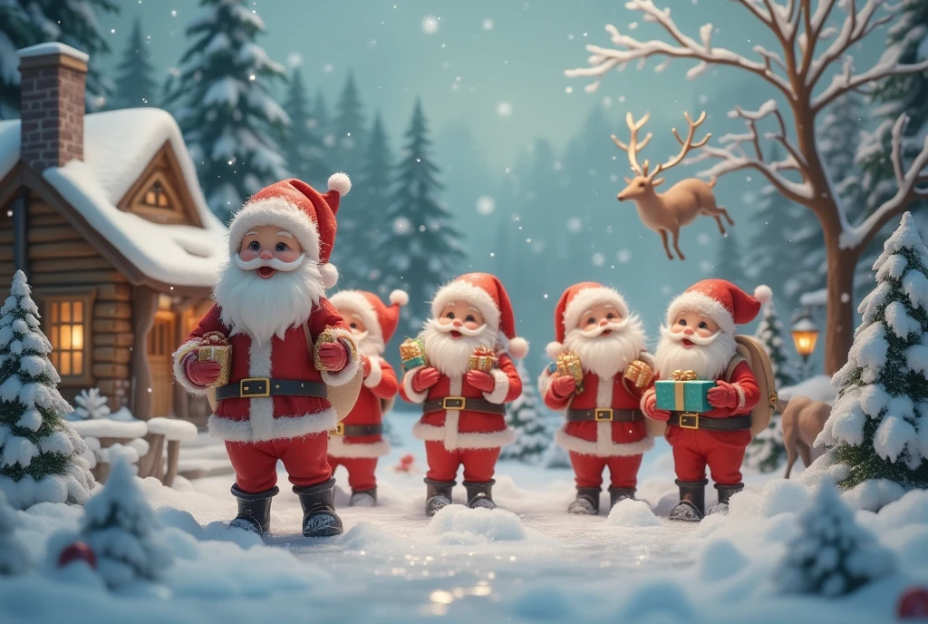 masterpiece:1.2,  highres icon:1.3, (Little Santa ,  lots of little Santa Claus, White Beard, つぶらなcute目, Santa's Red Outfit , Carrying presents , cute,  it's falling),  reindeer, Clay animation,  Santa Claus Village, Miniature-like log house , Vision, Shooting from the sky, coniferous forest,  gentle illustration