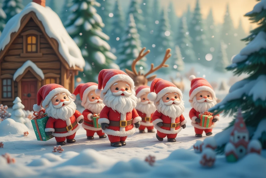 masterpiece:1.2,  highres icon:1.3, (Little Santa ,  lots of little Santa Claus, White Beard, つぶらなcute目, Santa's Red Outfit , Carrying presents , cute,  it's falling),  reindeer, Clay animation,  Santa Claus Village, Miniature-like log house , Vision, Shooting from the sky, coniferous forest,  gentle illustration