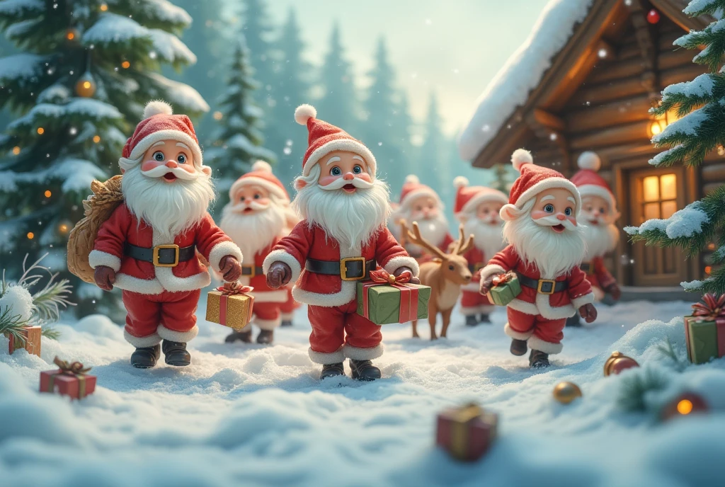 masterpiece:1.2,  highres icon:1.3, (Little Santa ,  lots of little Santa Claus, White Beard, つぶらなcute目, Santa's Red Outfit , Carrying presents , cute,  it's falling),  reindeer, Clay animation,  Santa Claus Village, Miniature-like log house , Vision, Shooting from the sky, coniferous forest,  gentle illustration