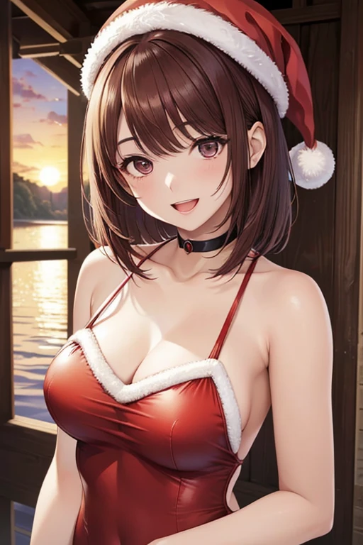  my grandmother、 Shiny Maroon Hair ,  short hair, ( brown pretty eyes、 Sparkling Eyes , Fine grain)、smile、 ultra-detailed eyes sandwiched between columns、 Highly Detailed Faces,  extremely detailed eyes, masterpiece  , cowboy shot、One female、
 
 

、((( Santa costume with open front  )))、(( random poses ))、((Sunset on the lakeside ))、(((whole body)))、( beautiful Japanese woman)、(Santa hat)、(( Santa's Clothes))、 ( red and black one-piece swimsuit )、((  smiling with open mouth ))、 high definition 、超 top quality、  masterpiece  、超 high definition 、 high definition 、Detailed and complex、 soft lighting 、 hyperreal、、 realistic skin texture、最 high definition 、 very detailed beautiful detailed eyes、 top quality、超 high definition 