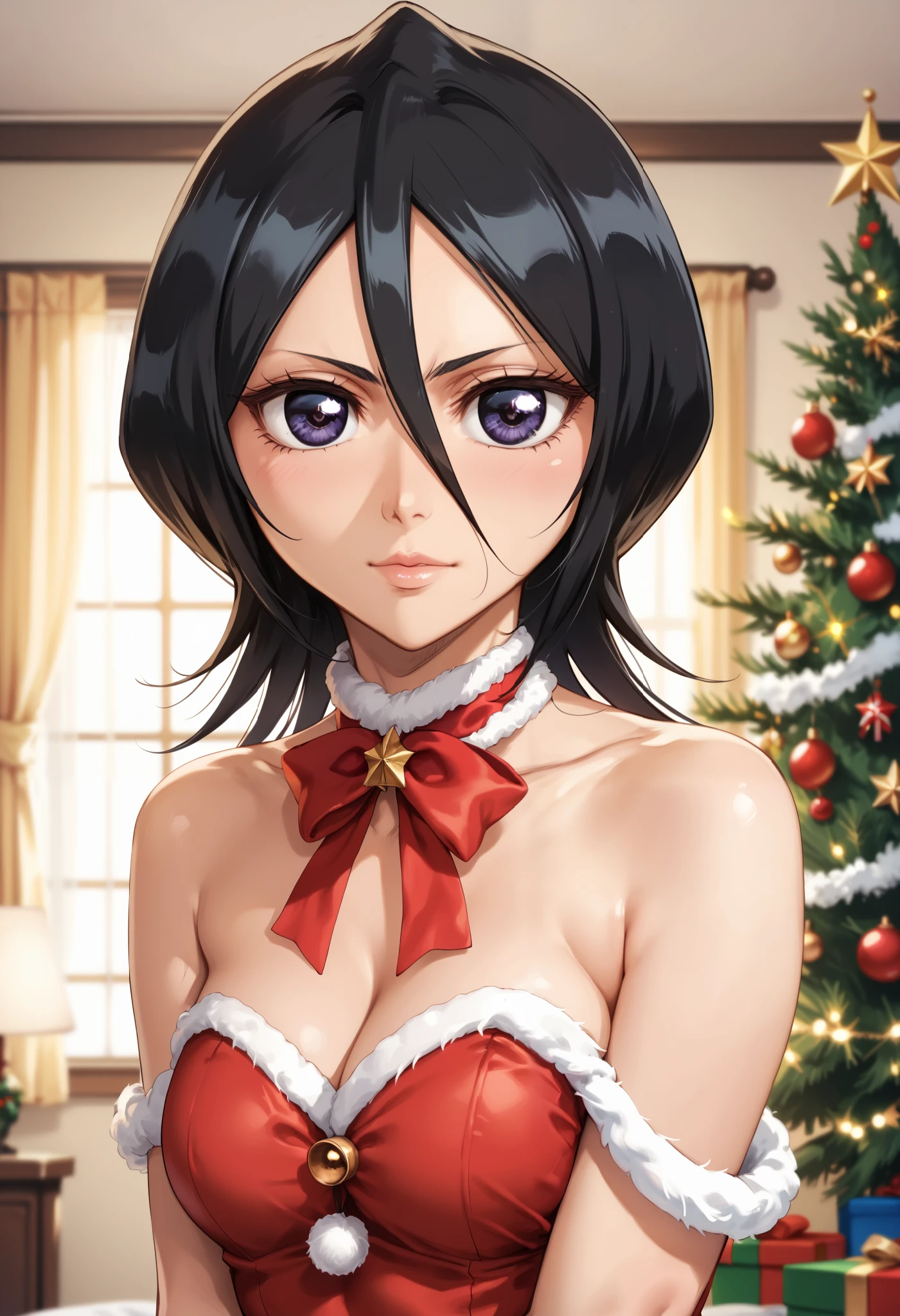 extremely detailed CG, high resolution, best quality, masterpiece, single woman, kuchiki rukia (bleach), purple eyes, (beautiful detailed eyes: 1.4), black hair, christmas outfit, bare shoulders, natural pose, christmas tree, indoors