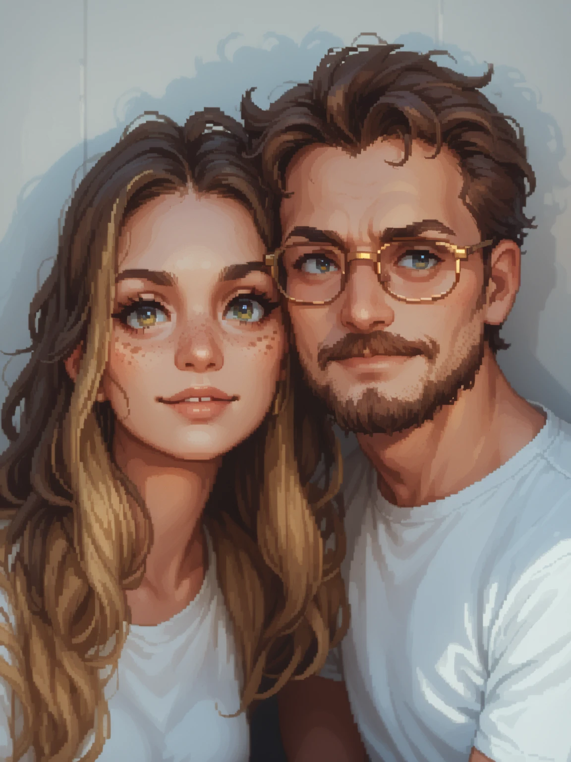 create a 8-bit pixel art cartoon of A bright and intimate portrait of a young couple sitting closely together, radiating warmth and calm. The woman has long, golden blonde hair, lightly freckled skin, and a natural expression, wearing a simple white top. The man has neatly styled brown hair, glasses with thin gold frames, and a subtle beard, wearing a white t-shirt. Both are bathed in soft natural light, against a light-colored, slightly textured wall, creating a serene and minimalistic atmosphere.