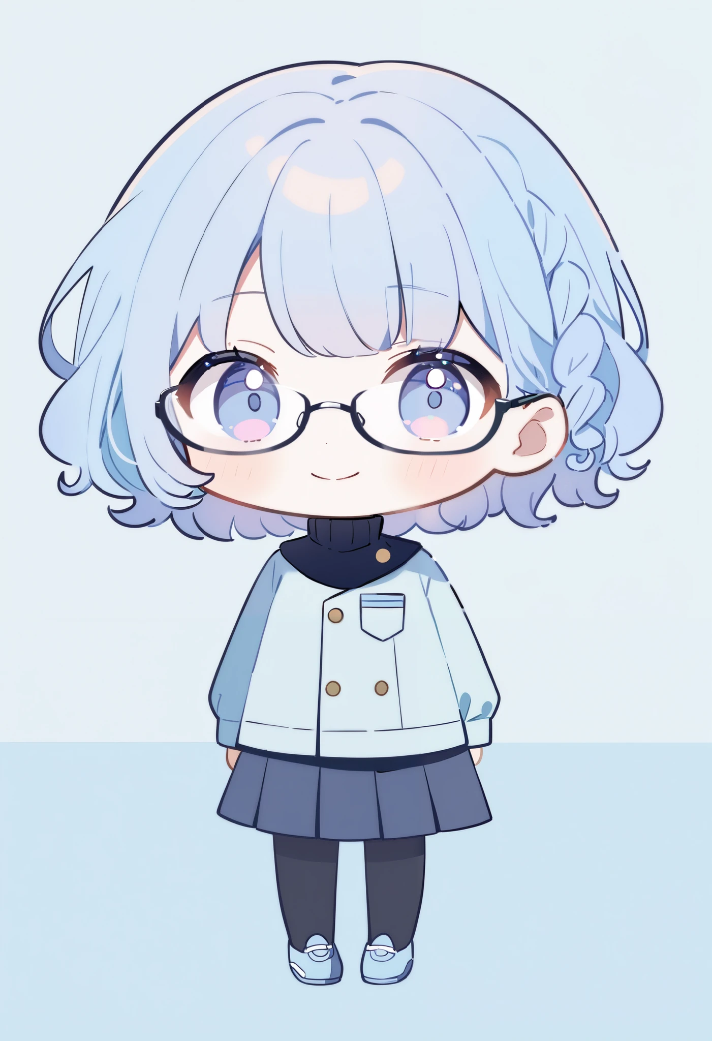 1 girl in uniform, Chibi, pastel colors, smile、 blue hair, short hair , Curly hair, black turtleneck 、 Long Sleeve 、Glasses、Stand upright and face the front shoes