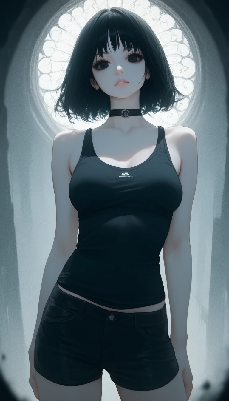 score_9,score_8_up,score_7_up,supermodel,dol,innocence,visual storytelling,dynamic composition,realistic,
1girl,adult,tall female,long black hair,black eyes,small eyes,dark circles under eyes, medium breasts,standing,pale skin,black tank top,tilted shirt,black shorts, black choker
close up,face focus,red tone,light leaks,cinematic lighting,deep glow effect,depth of field,horror \(theme\)