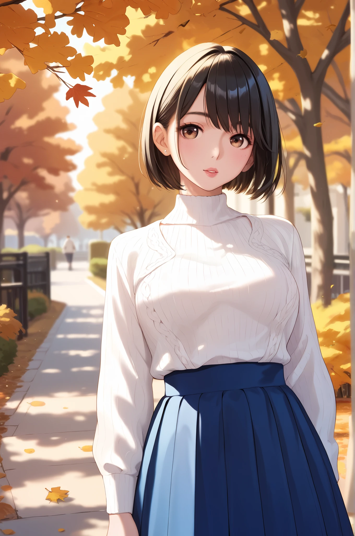  1 girl in uniform,  beautiful Japanese woman　So cute　 pubic skin　Glossy lips　 Perfect Body 　 black hair, 　 Very Beautiful 　 autumn park　 cm apart　Hairstyle wave long bob cut　 WHITE SWEATER DRESS 