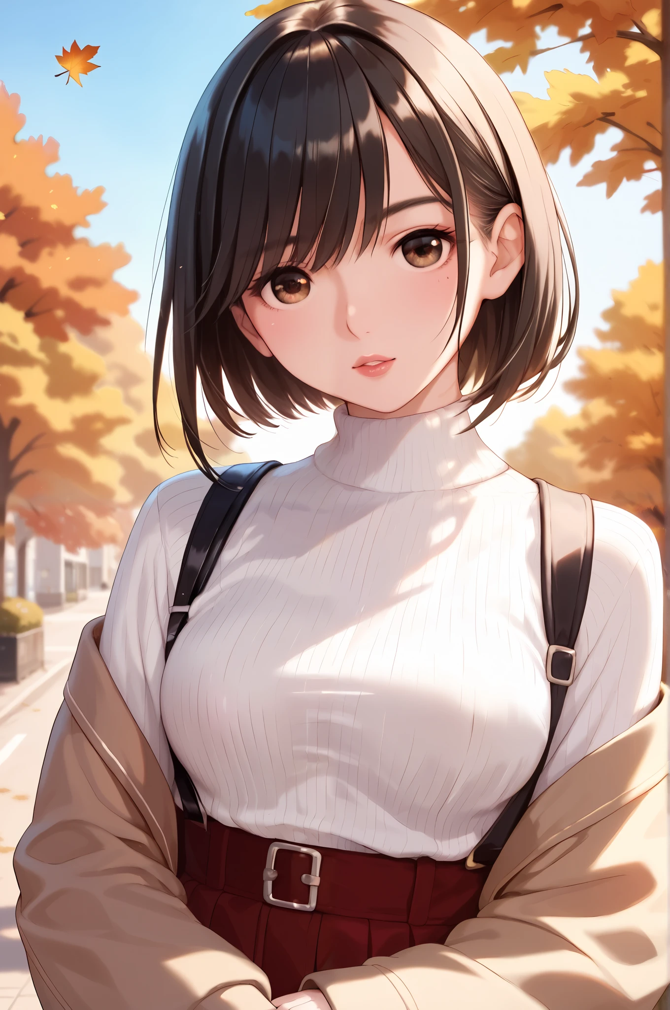  1 girl in uniform,  beautiful Japanese woman　So cute　 pubic skin　Glossy lips　 Perfect Body 　 black hair, 　 Very Beautiful 　 autumn park　 cm apart　Hairstyle wave long bob cut　 WHITE SWEATER DRESS 