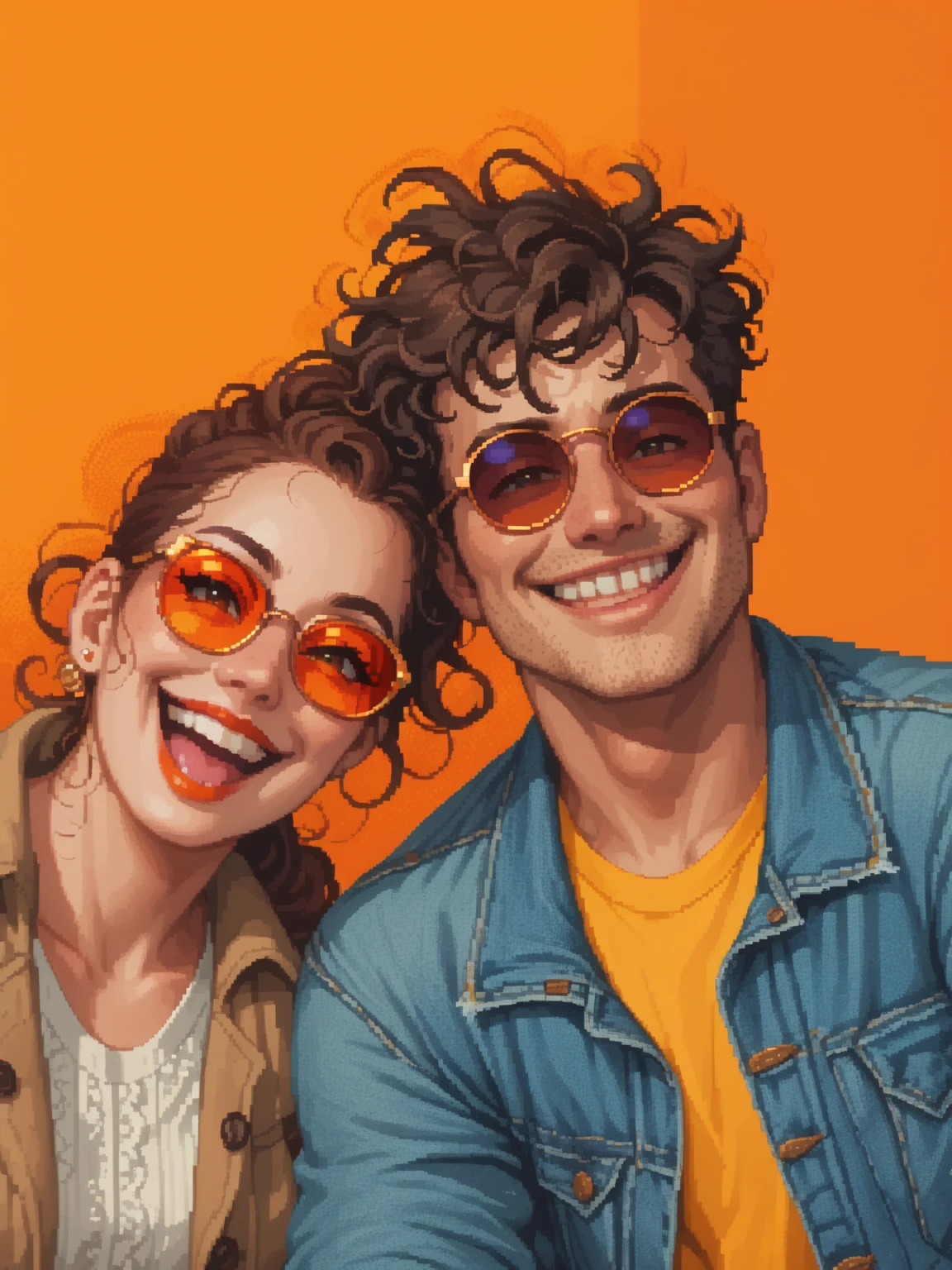 create a 8-bit pixel art cartoon of A vibrant and energetic portrait of a young couple against a bright orange background. The woman, with her hair casually tied back, wears bold orange-tinted sunglasses, red lipstick, and a beige jacket with green polka dots over a white shirt, laughing joyfully. The man has curly hair, a wide smile, and wears round sunglasses, a denim jacket, and a yellow t-shirt, exuding a fun and carefree attitude. The playful expressions and bright, colorful setting create a lively and cheerful atmosphere.