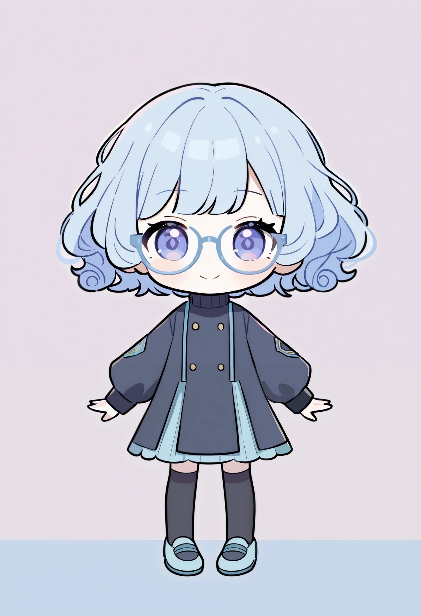 1 girl in uniform, Chibi, pastel colors, smile、 blue hair, short hair , Curly hair, black turtleneck 、 Long Sleeve 、Glasses、Stand upright and face the front shoes Stylish dress