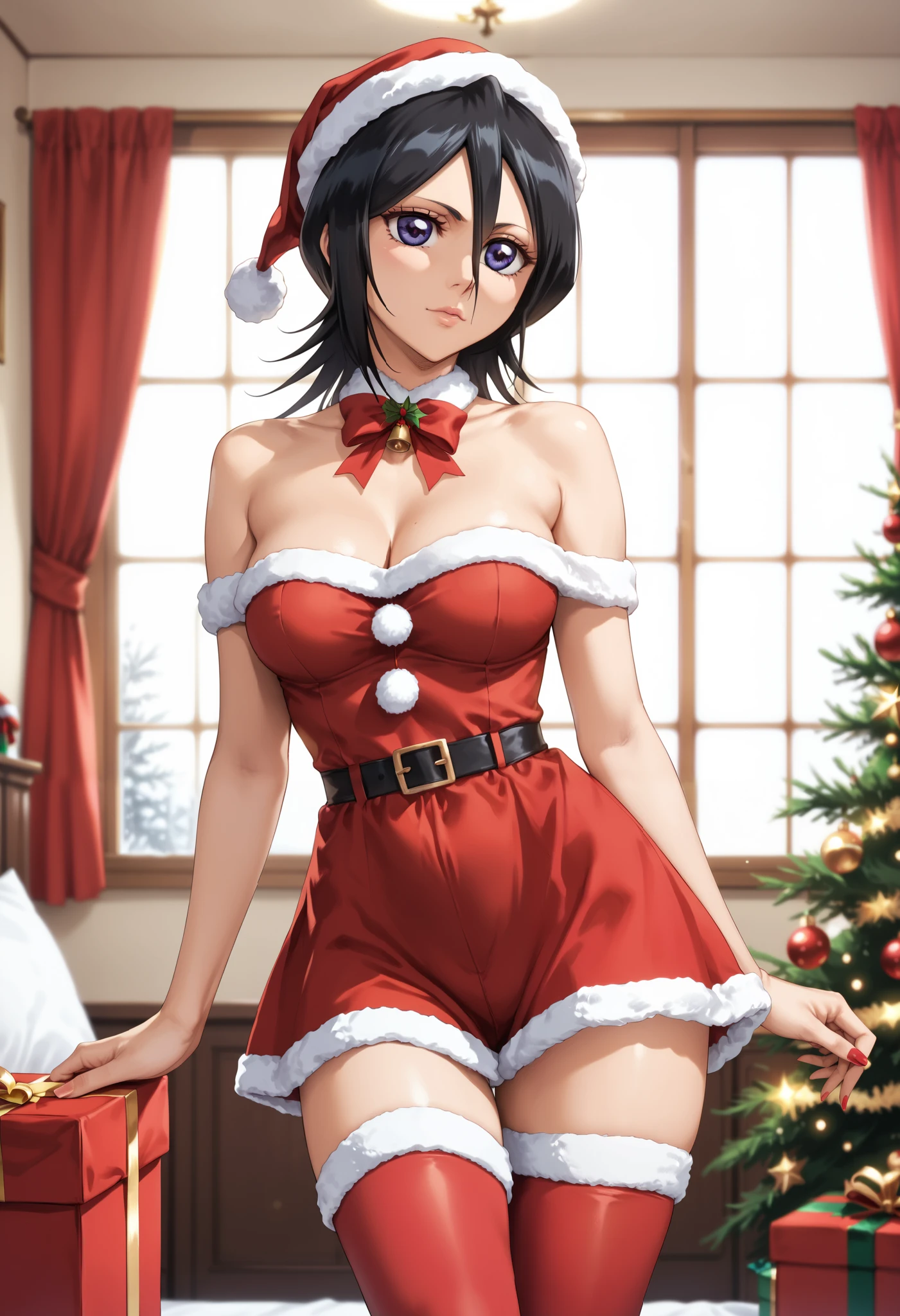 extremely detailed CG, high resolution, best quality, masterpiece, single woman, kuchiki rukia (bleach), purple eyes, (beautiful detailed eyes: 1.4), black hair, christmas outfit, thigh-high stockings, natural pose, indoors