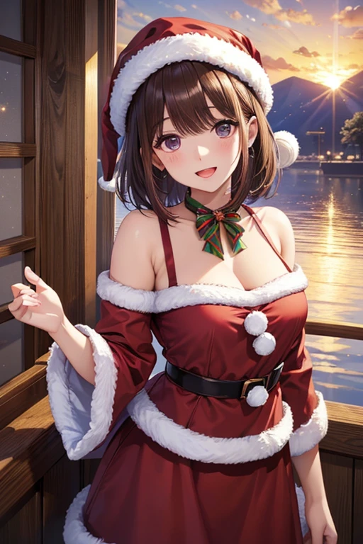  my grandmother、 Shiny Maroon Hair ,  short hair, ( brown pretty eyes、 Sparkling Eyes , Fine grain)、smile、 ultra-detailed eyes sandwiched between columns、 Highly Detailed Faces,  extremely detailed eyes, masterpiece  , cowboy shot、One female、
 
 

、((( Santa costume with open front  )))、((Sunset on the lakeside ))、(((whole body)))、( beautiful Japanese woman)、(Santa hat)、(( Santa's Clothes))、 ((  smiling with open mouth ))、 high definition 、超 top quality、  masterpiece  、超 high definition 、 high definition 、Detailed and complex、 soft lighting 、最 high definition 、 very detailed beautiful detailed eyes、 top quality、超 high definition 