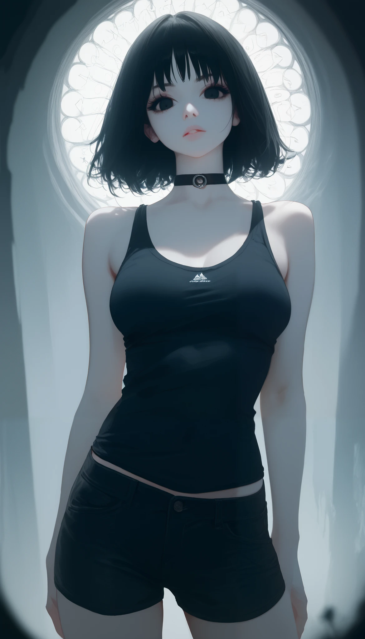 score_9,score_8_up,score_7_up,supermodel,dol,innocence,visual storytelling,dynamic composition,realistic,
1girl,adult,tall female,long black hair,black eyes,small eyes,dark circles under eyes, medium breasts,standing,pale skin,black tank top,tilted shirt,black shorts, black choker
close up,face focus,red tone,light leaks,cinematic lighting,deep glow effect,depth of field,horror \(theme\)