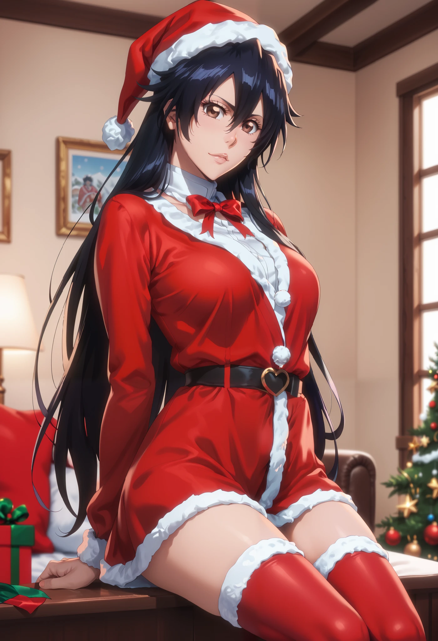 extremely detailed CG, high resolution, best quality, masterpiece, single woman, bambietta basterbine (bleach), brown eyes, (beautiful detailed eyes: 1.4), black hair, christmas outfit, thigh-high stockings, natural pose, indoors