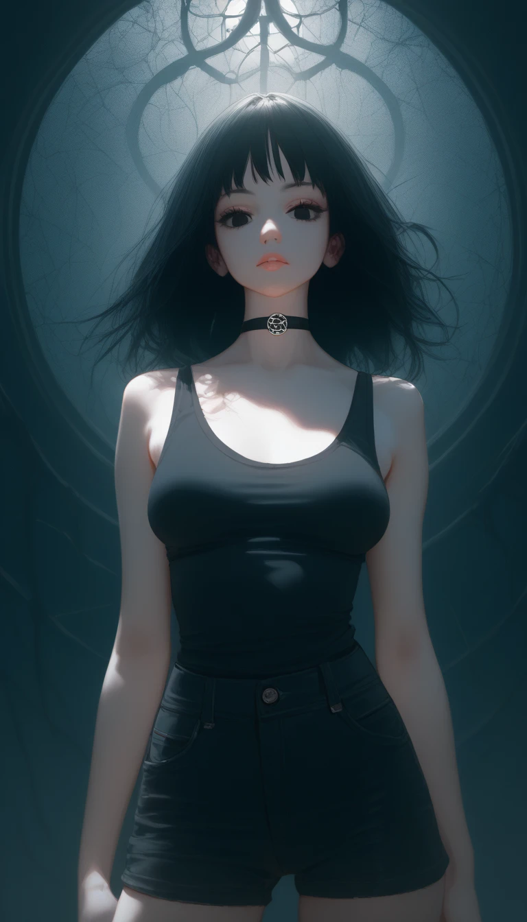 score_9,score_8_up,score_7_up,supermodel,dol,innocence,visual storytelling,dynamic composition,realistic,
1girl,adult,tall female,long black hair,black eyes,small eyes,dark circles under eyes, medium breasts,standing,pale skin,black tank top,tilted shirt,black shorts, black choker
close up,face focus,red tone,light leaks,cinematic lighting,deep glow effect,depth of field,horror \(theme\)