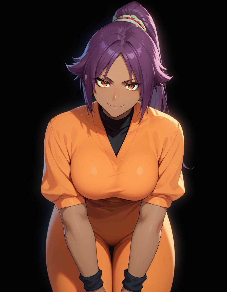 simple black background,
y0ruichi_shihouin, dark skin, purple hair, yellow eyes, ponytail, long hair,
orange tunic, tight black pants,
standing, leaning forward, 
smile, closed mouth, looking down at viewer