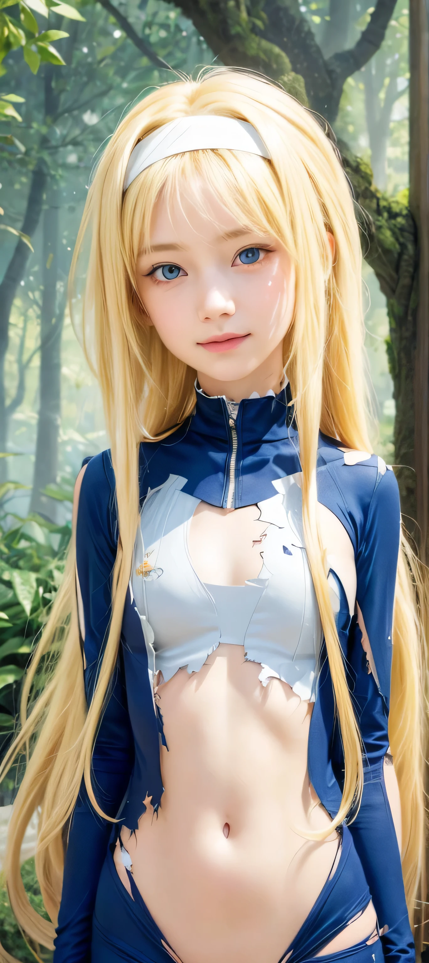 masterpiece, best quality, (realistic,photo-realistic:1.4), (RAW photo:1.2), extremely detailed CG unity 8k wallpaper, delicate and beautiful, amazing,finely detail, official art, absurdres, incredibly absurdres, huge filesize, ultra-detailed,extremely detailed eyes and face,light on face,alice zuberg,(little smile),(blonde hair:1.4),(long hair:1.4),(wearing torn suit:1.5),garden background,(white hairband:1.2),navel,(forest:1.3)