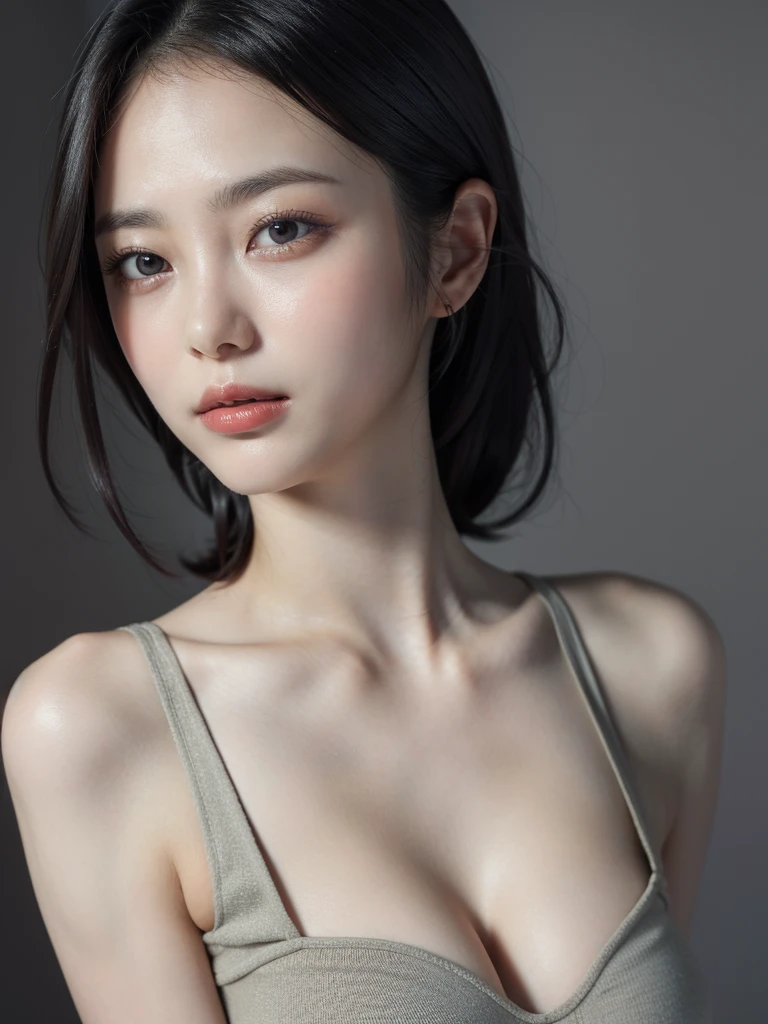 Cold girl,1girl,solo,realistic,black hair,short hair,looking at viewer,arms at sides,brown eyes,OceanHeart,upper body,collarbone,grey background,bare shoulders,simple background,small breasts,(closed mouth:1.3),breast slip,, best quality , masterpiece, illustration, an extremely delicate and beautiful, extremely detailed ,CG,unity,8k wallpaper, Amazing, finely detail, masterpiece, best quality,official art,extremely detailed CG unity 8k wallpaper,absurdres, incredibly absurdres, huge filesize , ultra-detailed, highres, extremely detailed,beautiful detailed girl, extremely detailed eyes and face, beautiful detailed eyes,light on face,