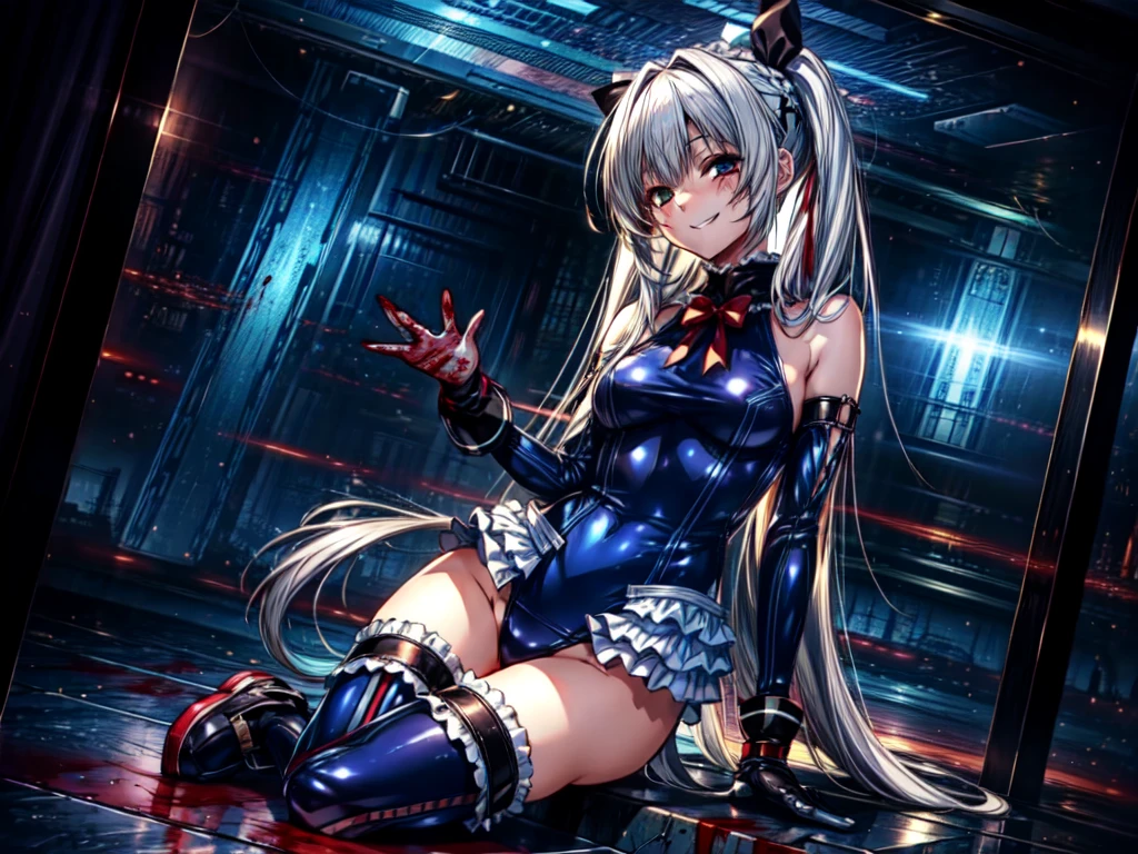 Perfect Anatomy, Highest quality, Rose,,Provocative attitude
(Inside a futuristic base:1.1)(Emotionless,Expressionless:1.4),Anime Style,(Frilled swimsuit, Knee socks, Removed sleeve), (Anime Style:1.4) ,(1 Girl:1.2),
Silver Hair,(White fingers:1.1,Black gloves),Very long hair,Evil Aura,(台の上に寝そべる:1.4),full body,