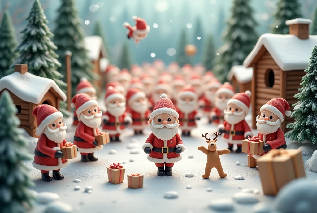 masterpiece:1.2,  highres icon:1.3, (Little Santa ,  lots of little Santa Claus, White Beard, つぶらなcute目, Santa's Red Outfit , Carrying presents , cute, A few people are falling :1.3),  Amazon ,  reindeer, Clay animation,  Santa Claus Village, Miniature-like log house , Vision, Shooting from the sky, coniferous forest,  gentle illustration