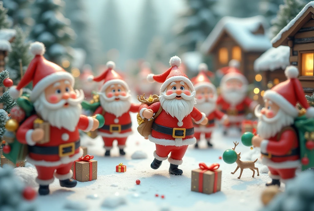 masterpiece:1.2,  highres icon:1.3, (Little Santa ,  lots of little Santa Claus, White Beard, つぶらなcute目, Santa's Red Outfit , Carrying presents , cute, A few people are falling :1.3),  Amazon ,  reindeer, Clay animation,  Santa Claus Village, Miniature-like log house , Vision, Shooting from the sky, coniferous forest,  gentle illustration