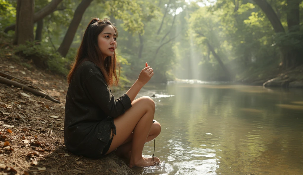 "((realistic photo)) A beautiful 19-year-old girl with a worried expression, wearing worn, dirty black batik clothes and a tattered black skirt, sitting by the edge of a river in the middle of a lush forest. She is gesturing as if searching for something in the wild, looking into the distance with a sense of anxiety. The forest appears natural, with sunlight filtering through the trees, casting soft shadows on her. The river reflects the light, with visible ripples. The atmosphere is dense with green foliage and scattered fallen leaves. The sunlight is natural, bright but soft, creating a contrast between the shadowed forest and the sunlit areas. The camera shot is a medium shot from a low angle, using a 35mm lens to capture the scene with a high level of detail. The lighting is natural, soft, and clear, emphasizing the textures of her clothes and the environment. ((highly detailed)), ((4K)), HDR, highly detailed, natural light, UHD, professional resolution, sharp focus."