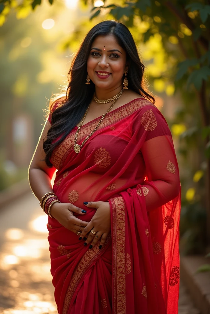 8K, best quality, ultra-high res, sharp focus, cinematic, professional, full-body, hyperdetailed, photorealistic, soft-lighting. Tall, curvy, plus-sized woman, plump face, big chest, deep cleavage, glowing skin, beautiful makeup (deep eyeliner, thick lashes, clear eyes), long curly highlighted hair. Red silk saree, deep-neck blouse, intricate embroidery, bra-style, plated folds. Background: Mize Mill Falls, Sipsey Wilderness, lush greenery, soft lighting, tranquil. Confident, elegant pose, full-length frame, emphasis on height, curves, powerful presence.