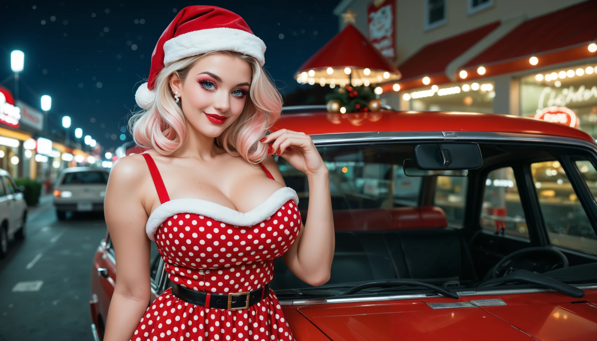 (((half-length))) "a stunning and very beautiful woman photographed from the waist up, standing, smiling, with red lipstick and red painted nails, light blue eyes, made up with mascara, eyeliner and false eyelashes and eye shadow, light blond hair, the whole scene is in the style of the 1950s at night, ((( large breasts puffing out her dress)) ) wearing ((pink cotton dress)) with white 1950s polka dots, her hair curled and styled with hairspray, and a Santa Claus hat, is in a colorful and brightly lit 1950s diner decorated for Christmas. 1950s cars