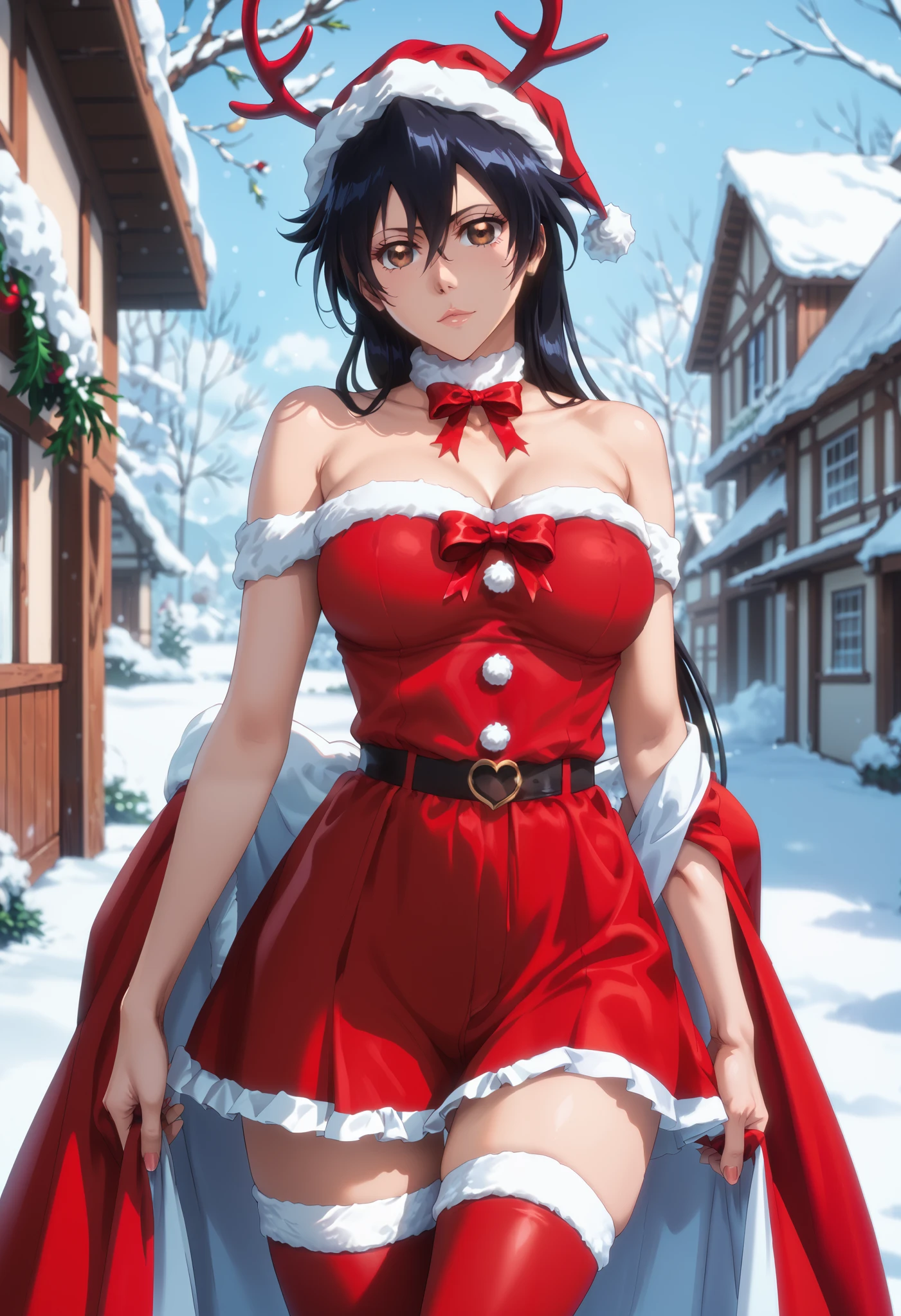 extremely detailed CG, high resolution, best quality, masterpiece, single woman, bambietta basterbine (bleach), brown eyes, (beautiful detailed eyes: 1.4), black hair, christmas outfit, bare shoulders, thigh-high stockings, natural pose, outdoors