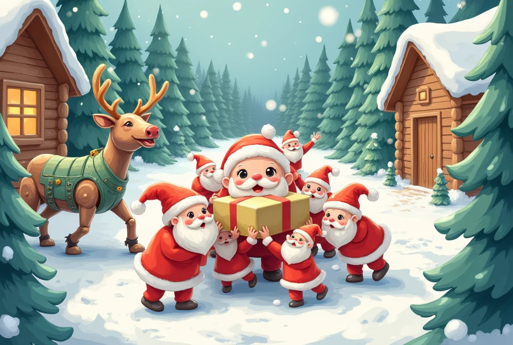 masterpiece:1.2,  highres icon:1.3, (Little Santa ,  lots of little Santa Clauses, White Beard, つぶらなcute目, Santa's Red Outfit , carry a present,  cooperate to carry, cute, A few people are falling :1.3), Mecha reindeer :1.3, Clay animation,  Santa Claus Village, Miniature-like log house , Vision, Shooting from the sky, coniferous forest,  Friendly Illustration