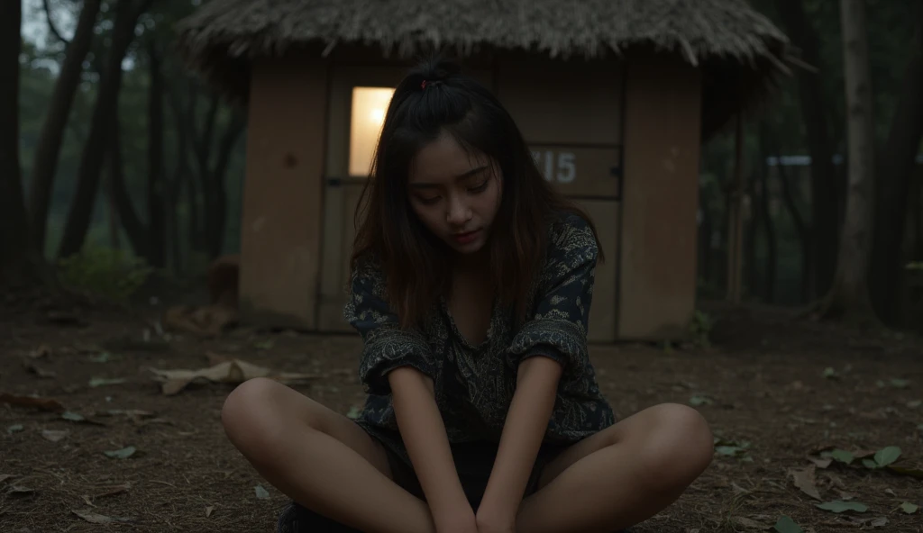 "((realistic photo)) A beautiful 19-year-old girl with a worried and sad expression, wearing worn, dirty black batik clothes and a tattered black skirt, sitting in front of a simple hut in the middle of a forest at night. The atmosphere is dark and somber, with only a faint light from the hut's window illuminating her face and the surrounding forest. The girl's expression shows distress and vulnerability, and her posture is slumped. The hut behind her is rustic, with wooden walls and a thatched roof. The forest around her is dark and mysterious, with only a few glimpses of moonlight filtering through the trees. The camera angle is a medium shot from a high angle, using a 70mm lens to capture the somber mood and dark environment with sharp detail. The lighting is dim, with soft light coming from the hut, casting shadows that emphasize the girl’s sad expression and the texture of her clothing. ((highly detailed)), ((4K)), HDR, sharp focus, natural light, professional resolution."