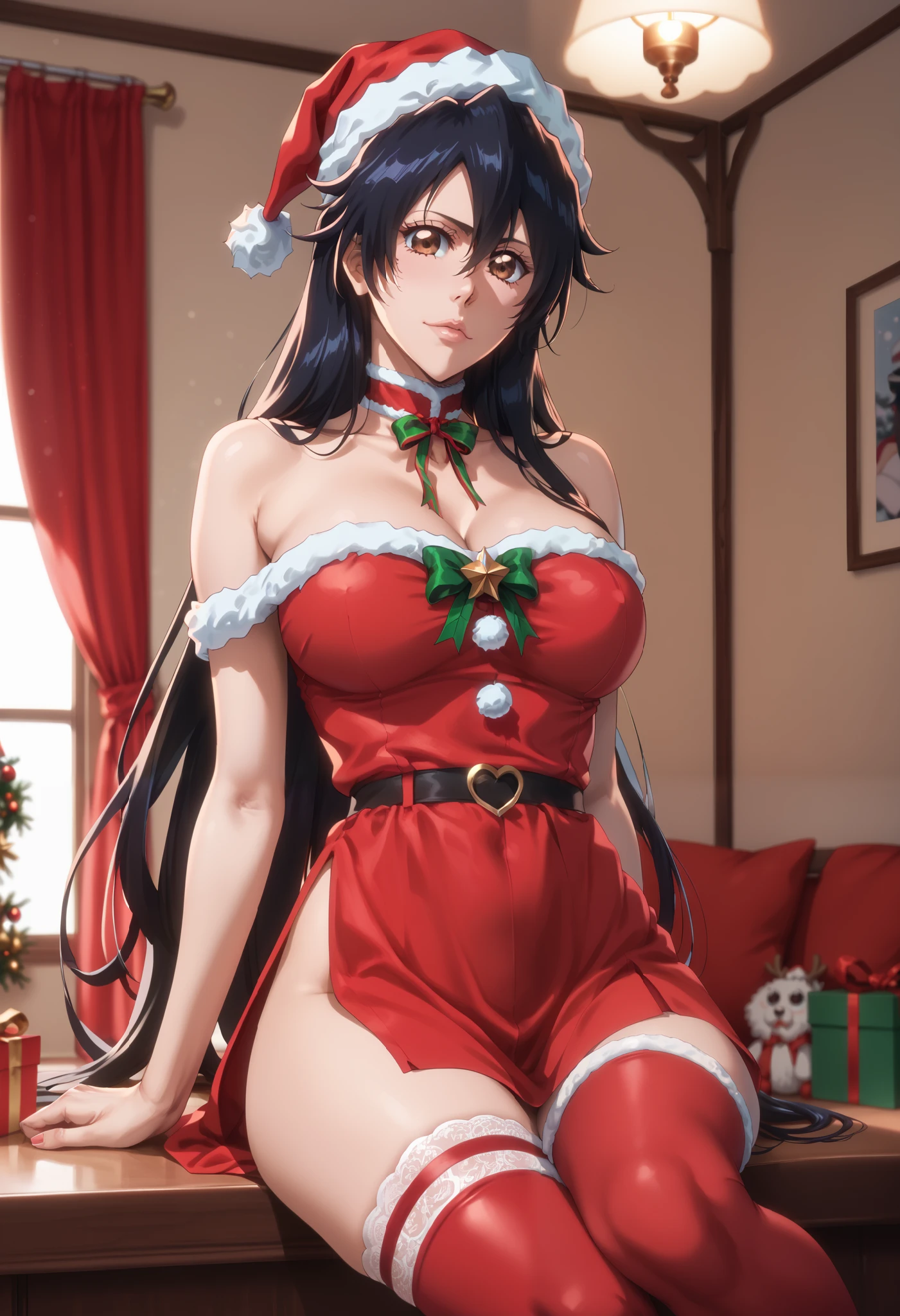 extremely detailed CG, high resolution, best quality, masterpiece, single woman, bambietta basterbine (bleach), brown eyes, (beautiful detailed eyes: 1.4), black hair, christmas outfit, bare shoulders, thigh-high stockings, natural pose, indoors