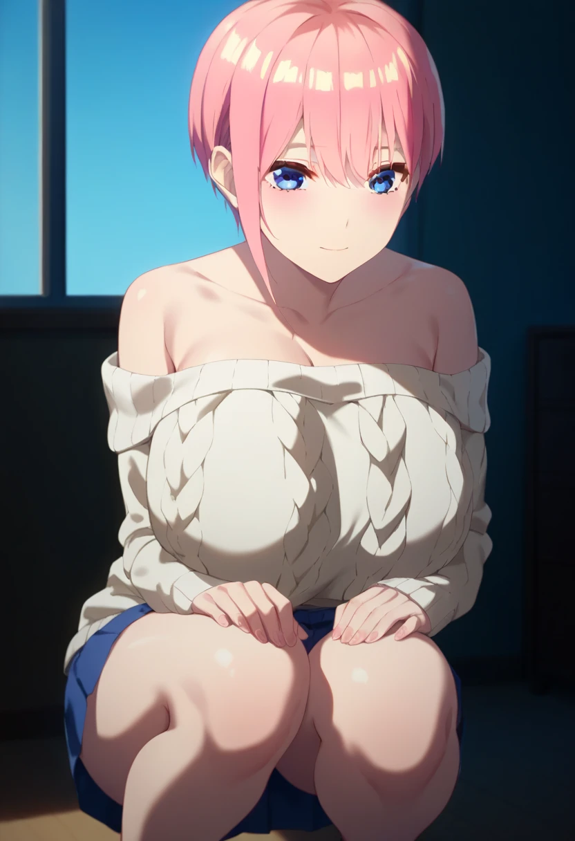 ichika nakano, short hair, bangs, blue eyes, hair between eyes, pink hair, face forward、 huge breasts、valley、Crouching、(Put your hands on your knees)、Shoulders exposed、 bedroom,White knit、lunch