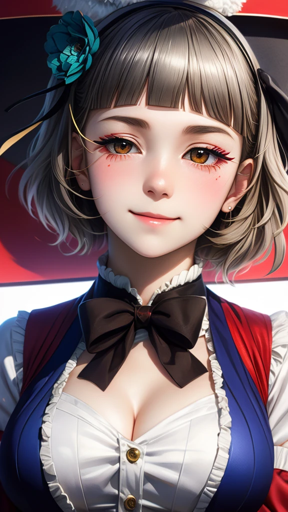 (((solo))), 1 woman, Sakuya Kurobane, sakuyaunif, kurobane_sakuya, (brown eyes), short hair, grey hair, black hairband, blue hair flower, red eyeliner, chest, blush, smile, (upper body), santa claus