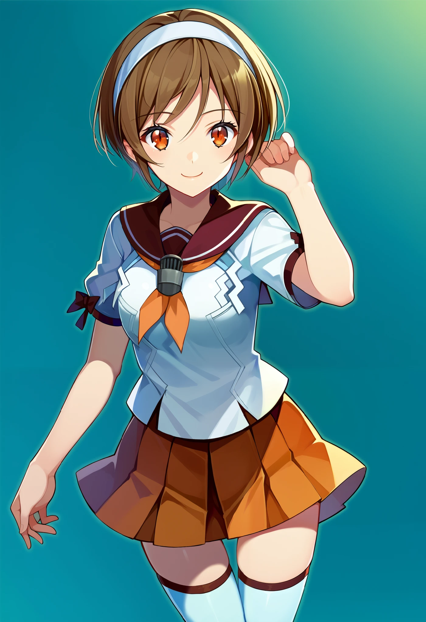  score_9,  score_8,  score_7,  source_Anime, Natori ( kancoll),  headband,  separation sleeve,  sailor color, Sera Clothing,  skirt, clavicle,  neckerchief ,  thigh-length socks , smile, pleated  skirt