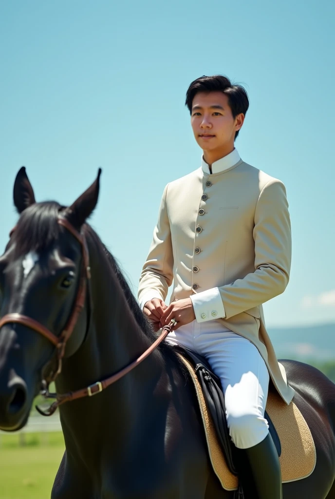 Asian man in a white suit , sitting on a black horse with blue eyes , at the races