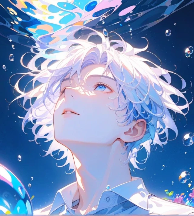 (masterpiece,the best quality,Extremists_Details,high resolution,Absurd:1.2), blue, A boy with his eyes closed underwater,Wear a white-collared shirt,depth_of_site,(Long neck looking up:1.2),bubble,(One hand raised:1.2),   Complementary colors,Short and messy_hair,Light eyes,Strong contour light,high resolution