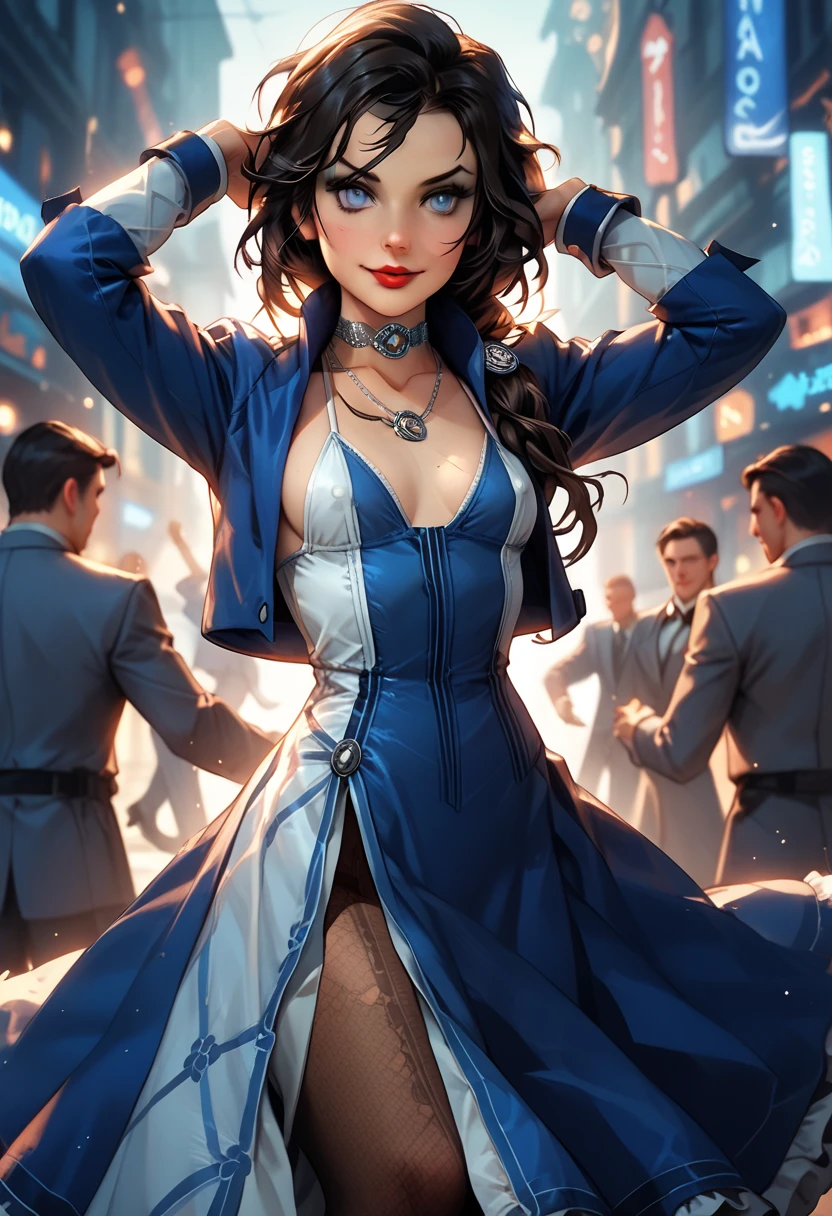 1woman, ((solo)), Elizabeth Comstock from "Bioshock Infinite", dark hair, (long loose hair gathered in a low ponytail), pale skin, blue eyes, red lips, light smile, (small breasts), erect nipples;; (cameo choker necklace), (wearing a blue bolero 3/4 cropped jacket:1.27), micro bikini top under jacket, (wearing a long blue a-line dress:1.42), (high front slit in dress:1.32), opaque pantyhose, heeled boots;; (cropped at knees:1.37), contrapposto stance, (dancing poses:1.27);; on the street of an art deco city;; ELIZABETH2 