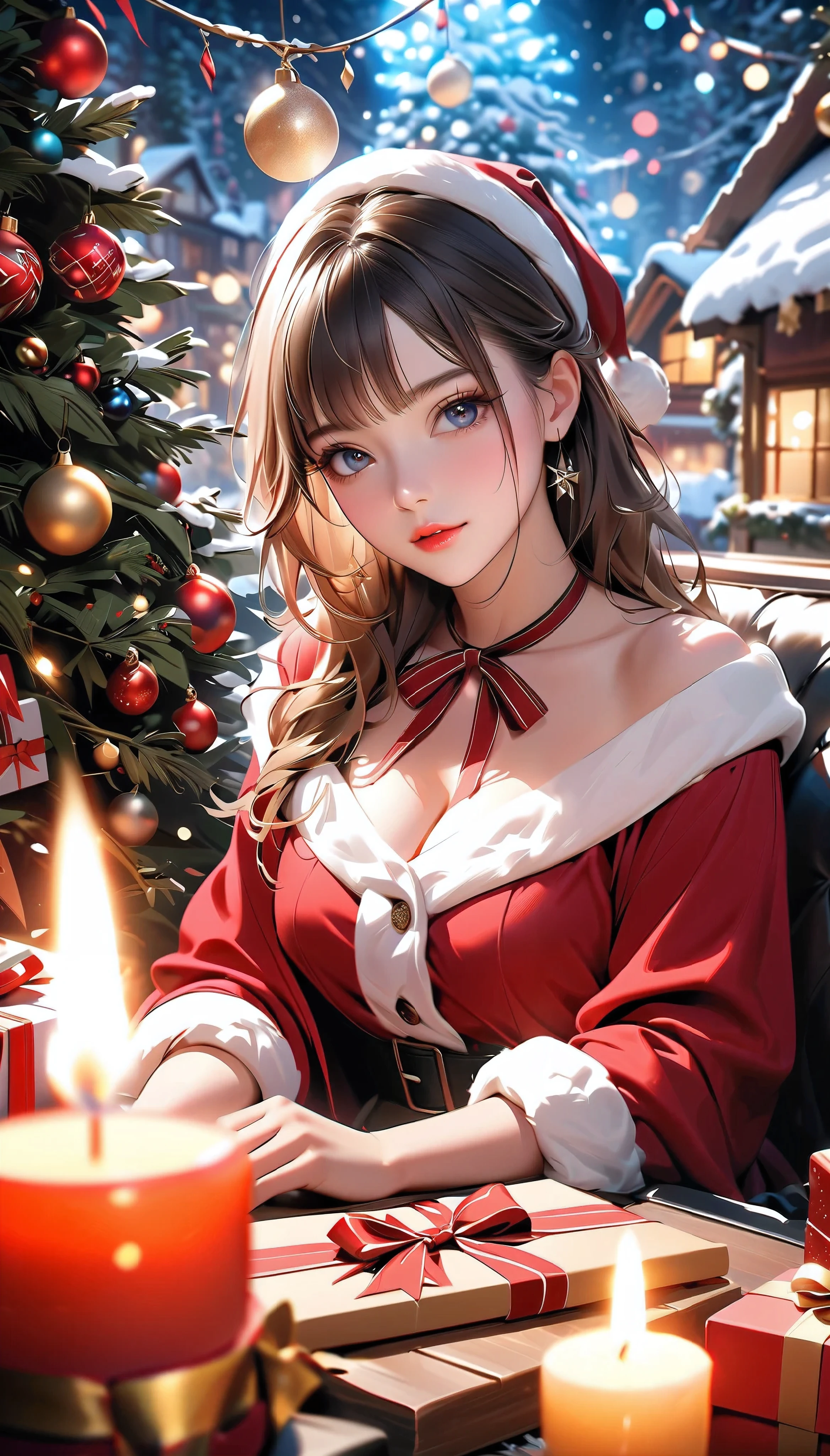 1 girl, beautiful detailed eyes, beautiful detailed lips, extremely detailed face, santa claus costume, fantasy christmas scene, magical christmas lights, snow-covered landscape, winter wonderland, intricate holiday decorations, glowing candles, presents under a christmas tree, warm cozy atmosphere, cinematic lighting, vibrant colors, (best quality,4k,8k,highres,masterpiece:1.2),ultra-detailed,(realistic,photorealistic,photo-realistic:1.37),professional, fantasy, concept art