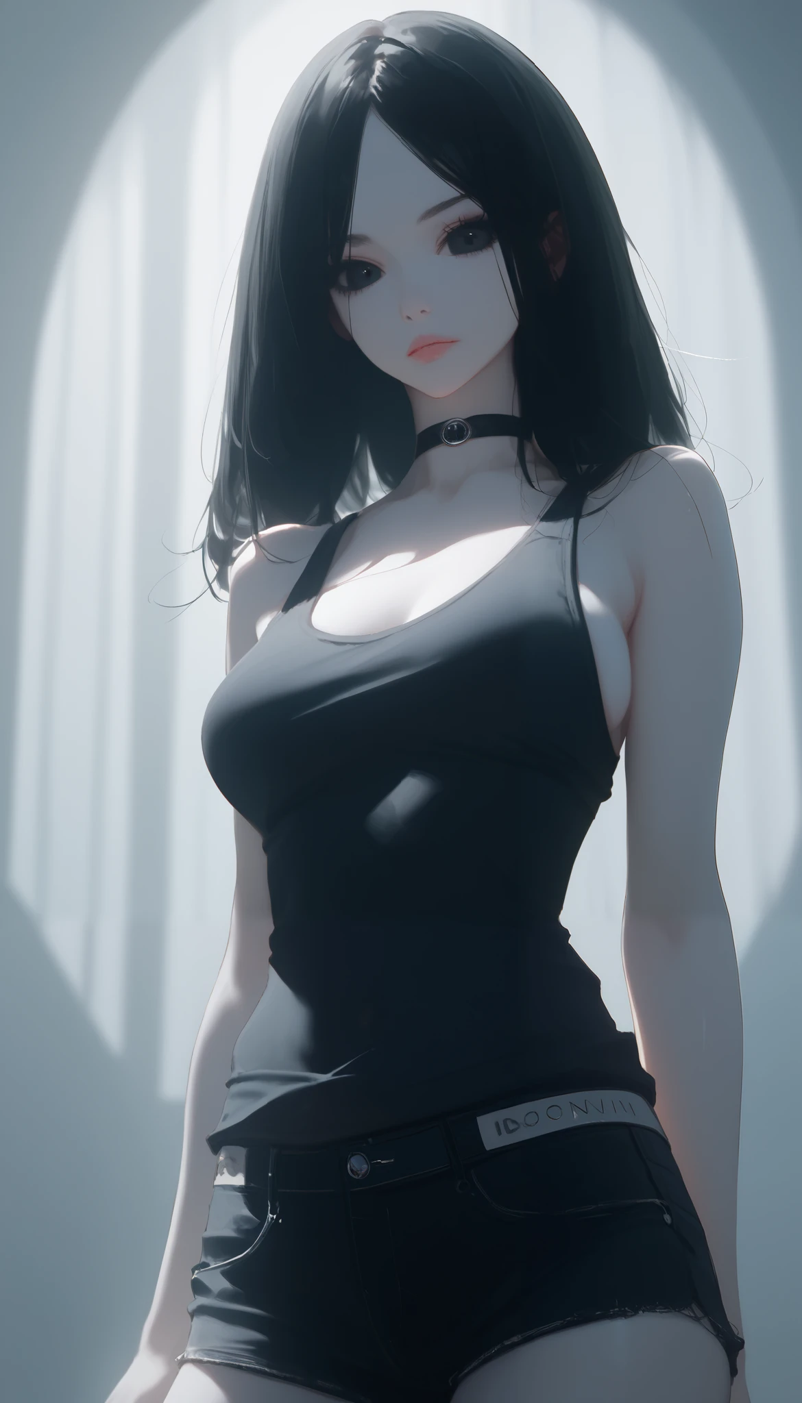 score_9,score_8_up,score_7_up,supermodel,dol,innocence,visual storytelling,dynamic composition,realistic,
1girl,adult,tall female,long black hair,black eyes,small eyes,dark circles under eyes, medium breasts,standing,pale skin,black tank top,tilted shirt,black shorts, black choker
close up,face focus,red tone,light leaks,cinematic lighting,deep glow effect,depth of field,horror \(theme\)