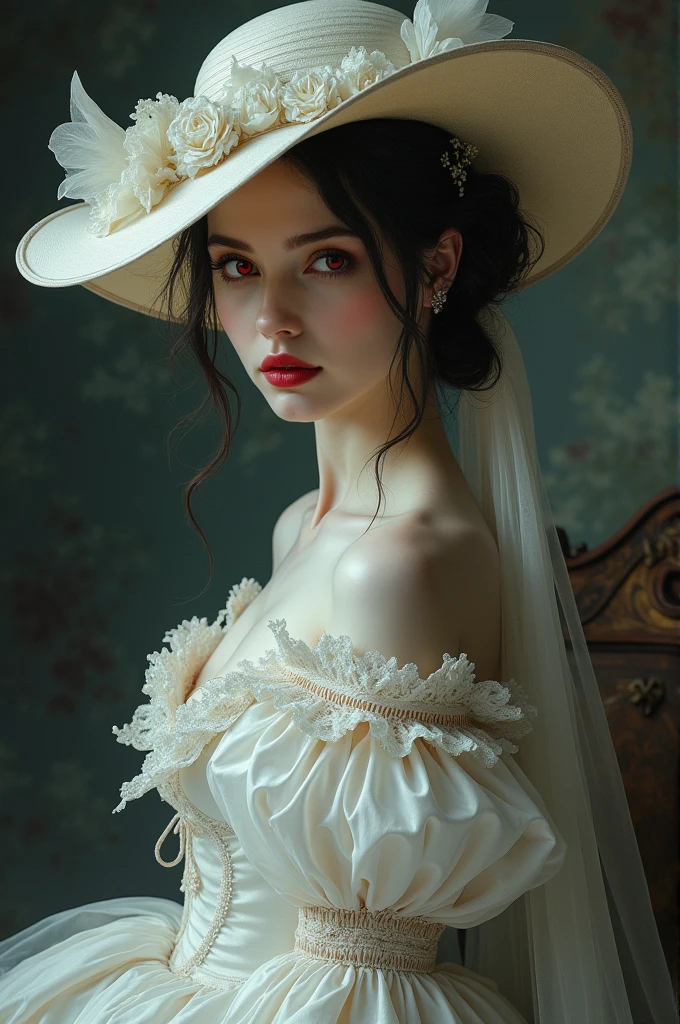 Close-up of a woman in a hat and dress, elegant lady with alabaster skin, porcelain pale skin, pale ivory skin, pale porcelain white leather, ivory in rococo style, in a Victorian aristocrat, pale milky white porcelain skin, porcelain white leather, pale light skin!!, pale ivory skin, Exquisite Editorial Photography, Portrait in the Rococo style, Beautiful Victorian woman
