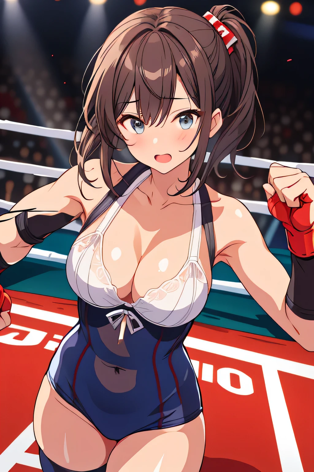 A secretary doing boxing. She is wearing a lewd lingerie style police uniform and Boxing gloves, taking part in the match.