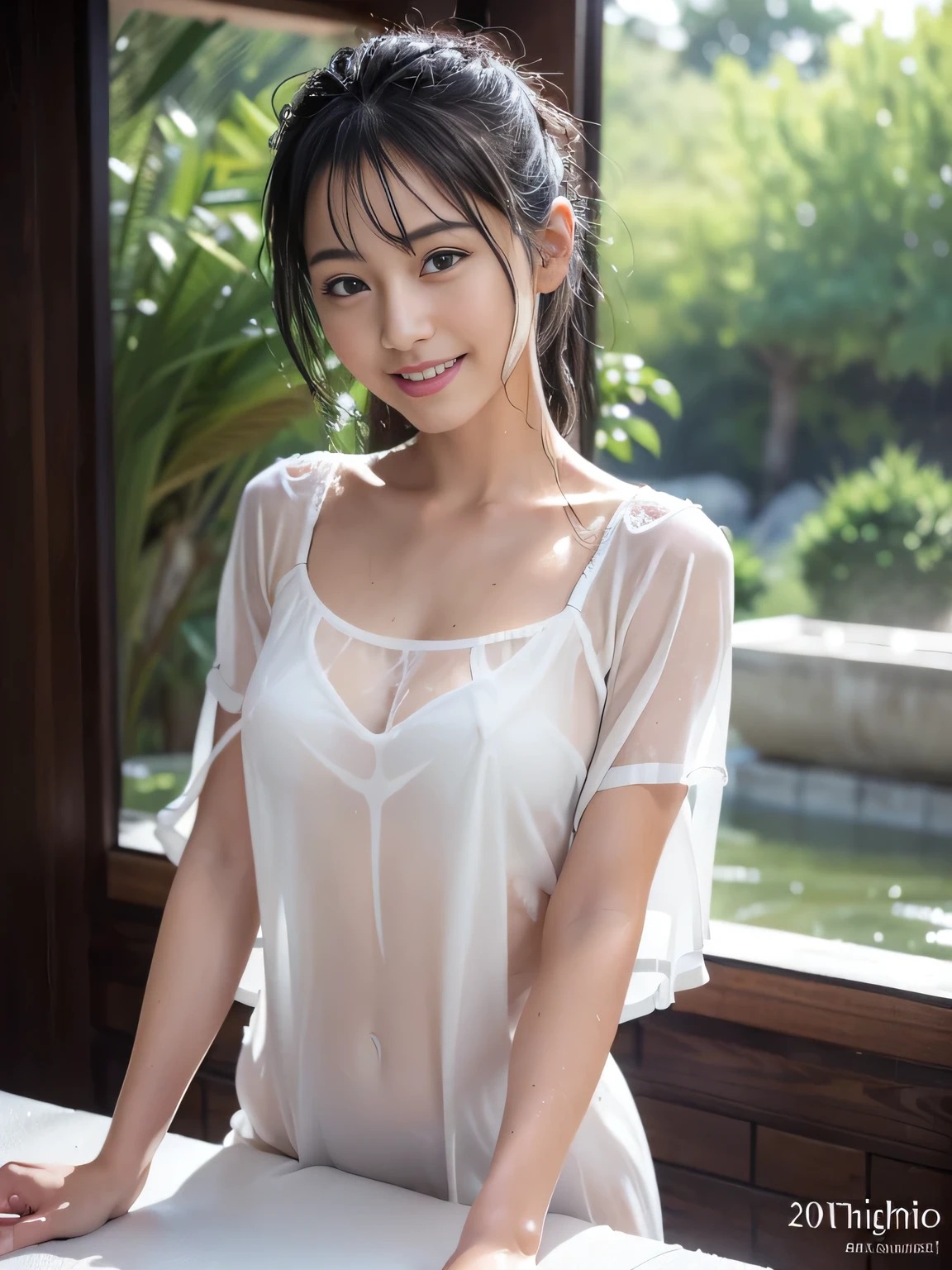 Two girls standing at ear window in school classroom,White dress,White panties、bangs,smile,Short hair with low pigtails,from before,Front light,((Little girl at 14 years old、slender、delicate、Sexy clavicle、Smaller breasty whole body is soaked、Clothes are wet and breasts are showing through