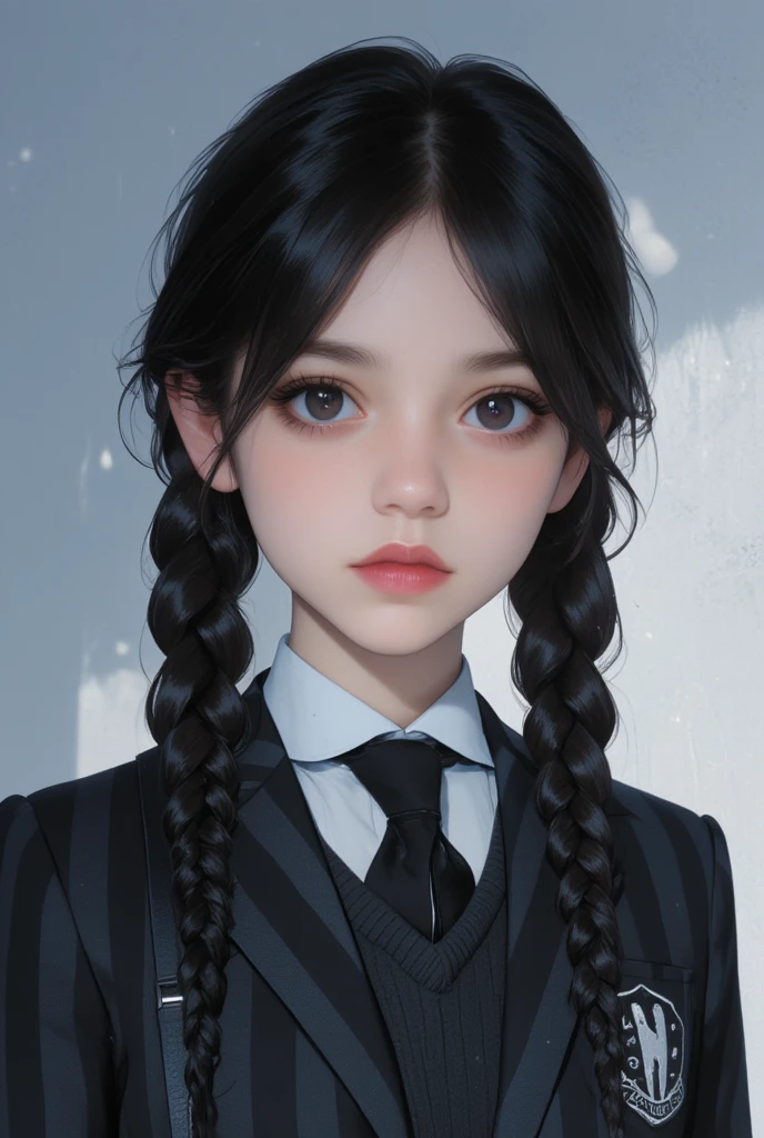 1girl, solo, long hair, black hair, twin braids, look at viewer,
 upper body, Fair skin,
 from front, school uniform,