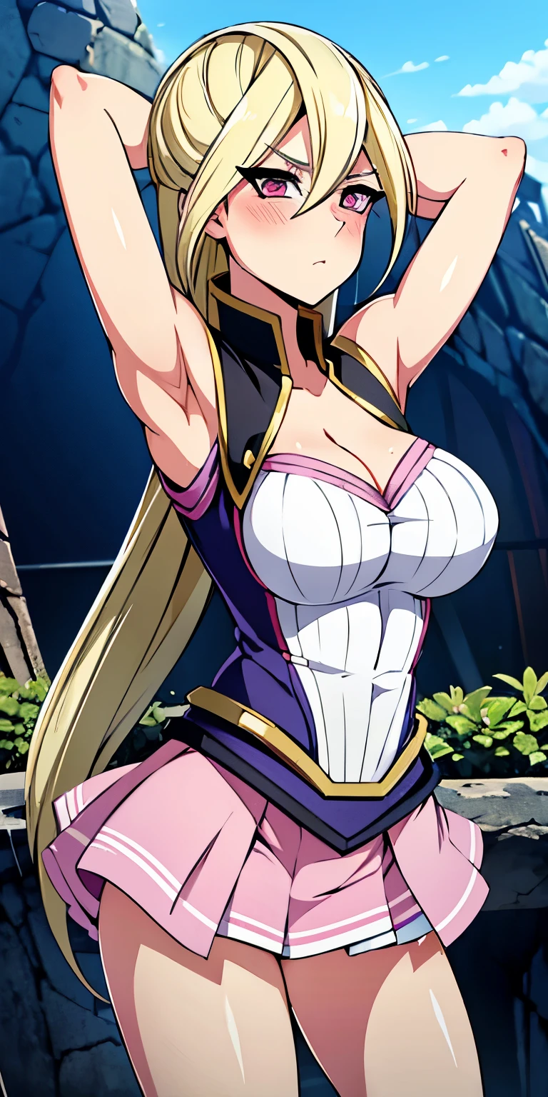 1 Female,High definition,high resolution,Ultra-realistic,8K, Gloria Tyler, blonde hair, pink eyes,serious, long hair, large breasts,sleeveless,pink skirt, (ruins),blush,tight skirt, miniskirt, large breasts,European,sexy,Upper body close-up,Photographed from the front,Dynamic Angles,(blush), (medium tits) ,(arms behind head)