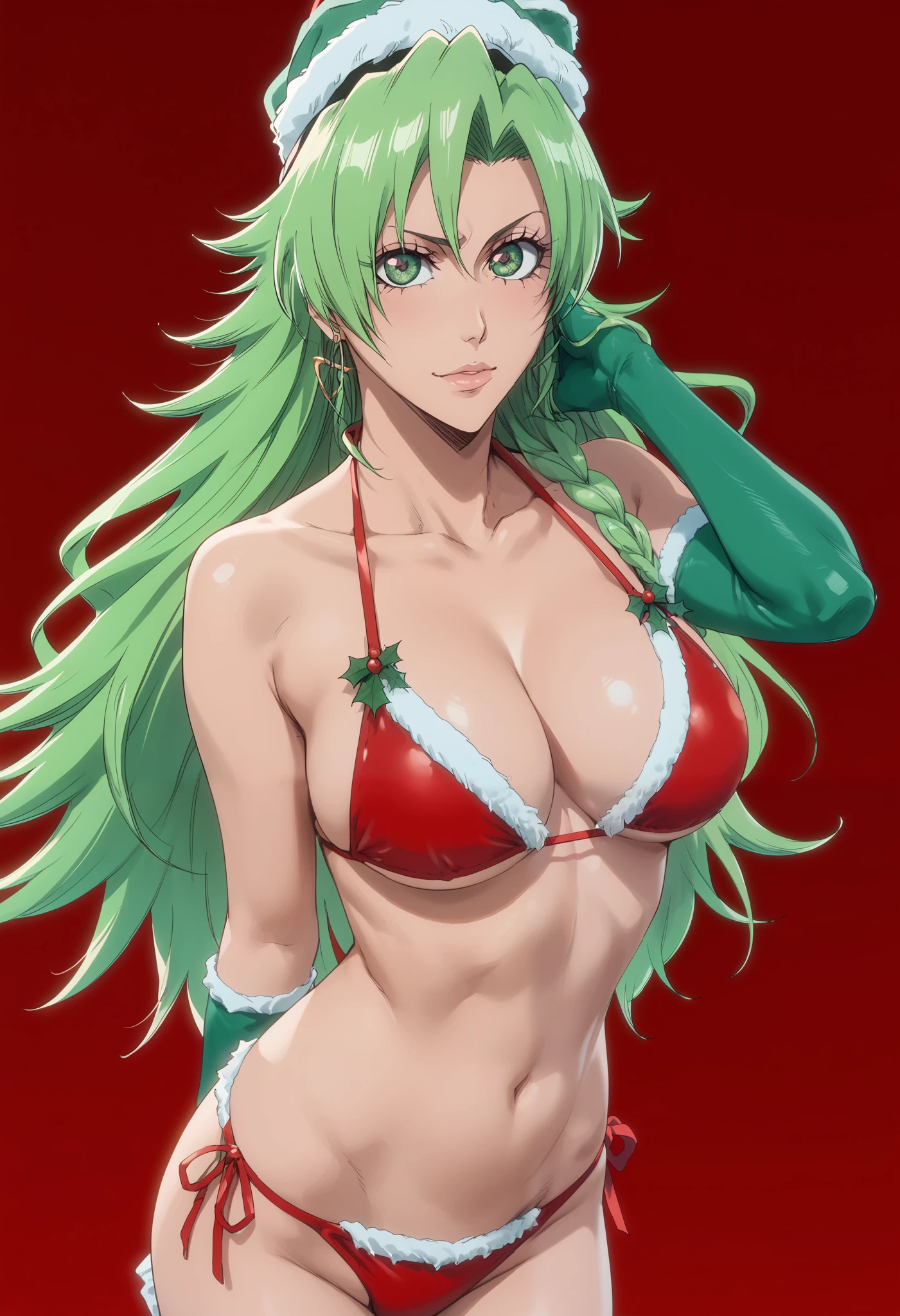 extremely detailed CG, high resolution, best quality, masterpiece, single woman, candice catnipp (bleach), green eyes, (beautiful detailed eyes: 1.4), green hair, christmas bikini, natural pose, red background