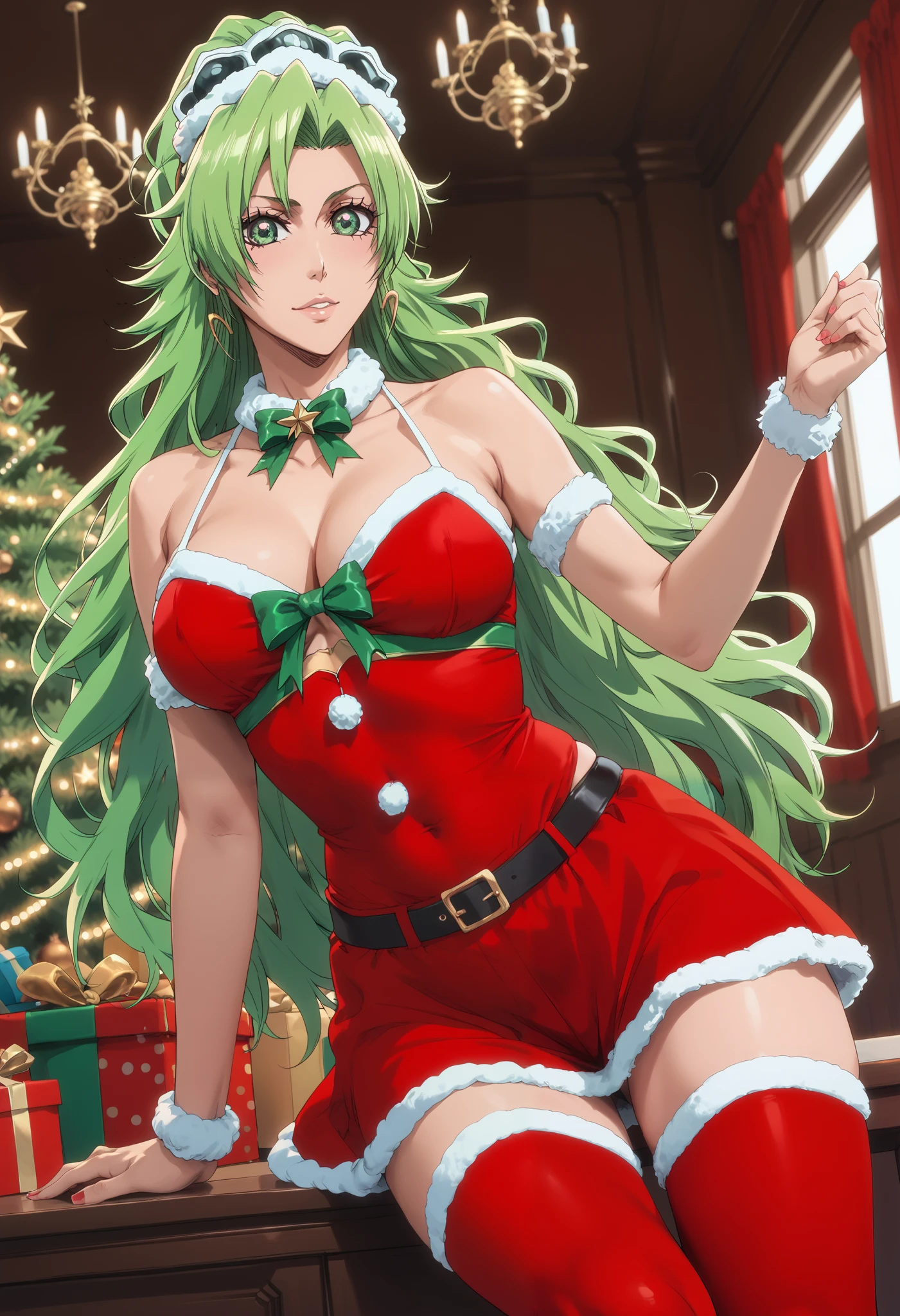 extremely detailed CG, high resolution, best quality, masterpiece, single woman, candice catnipp (bleach), green eyes, (beautiful detailed eyes: 1.4), green hair, christmas outfit, bare shoulders, thigh-high stockings, natural pose, indoors