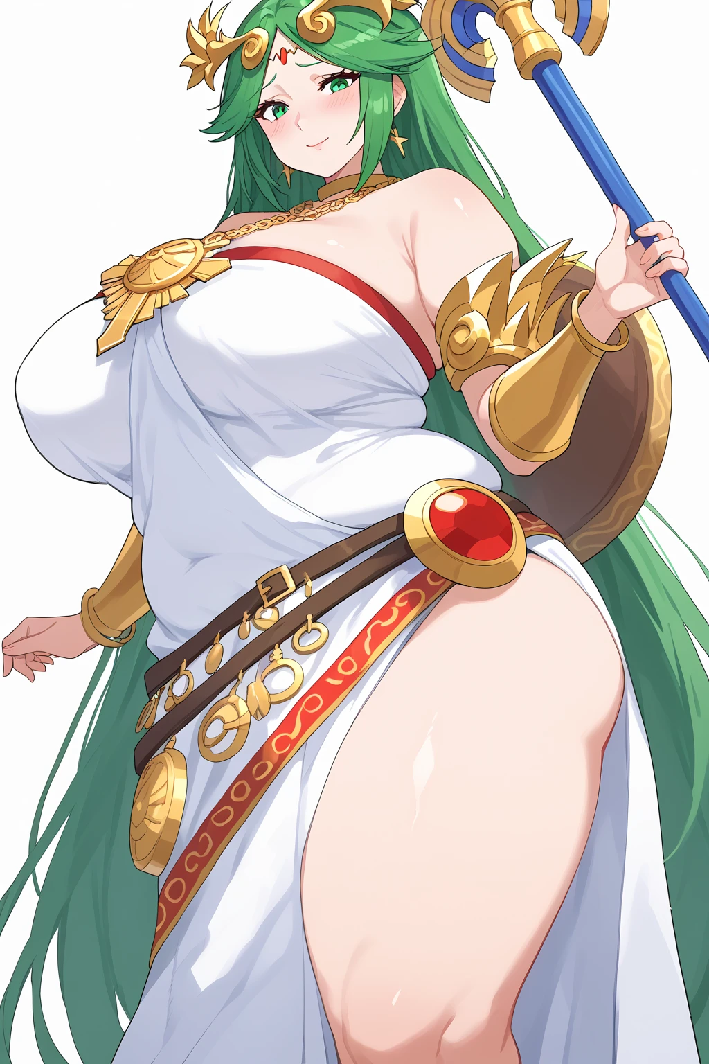   score_9,   score_8_up,   score_7_up,   score_6_up,   score_5_up,   score_4_up,     masterpiece   ,   top quality,   very aesthetic,   absurd,  source_Anime, Anime screencap,   one woman , Alone,  personal , palutena, Partena long hair ,  green eyes,  green hair,  split bangs ,  Big Breasts , 額のgem, crown,  neck ring ,  Gold Choker , gem, Gold Chain, during,  Necklaces , Arm guard, armlet,  circlet,  tiara , clavicle,  shoulder out,   strapless dress , white dress, Multiple belts,  side slits, Single knee-high,  detailed background with white knee-high , staff,  shield , Super huge breasts, ((( super huge clevis, Super huge , Super huge boob))), Curvy,   wide hips ,   embarrassed expression, Fat body,   chubby,  obese body type, Shake your stomach,  Three-section abdomen,  troubled expression, 