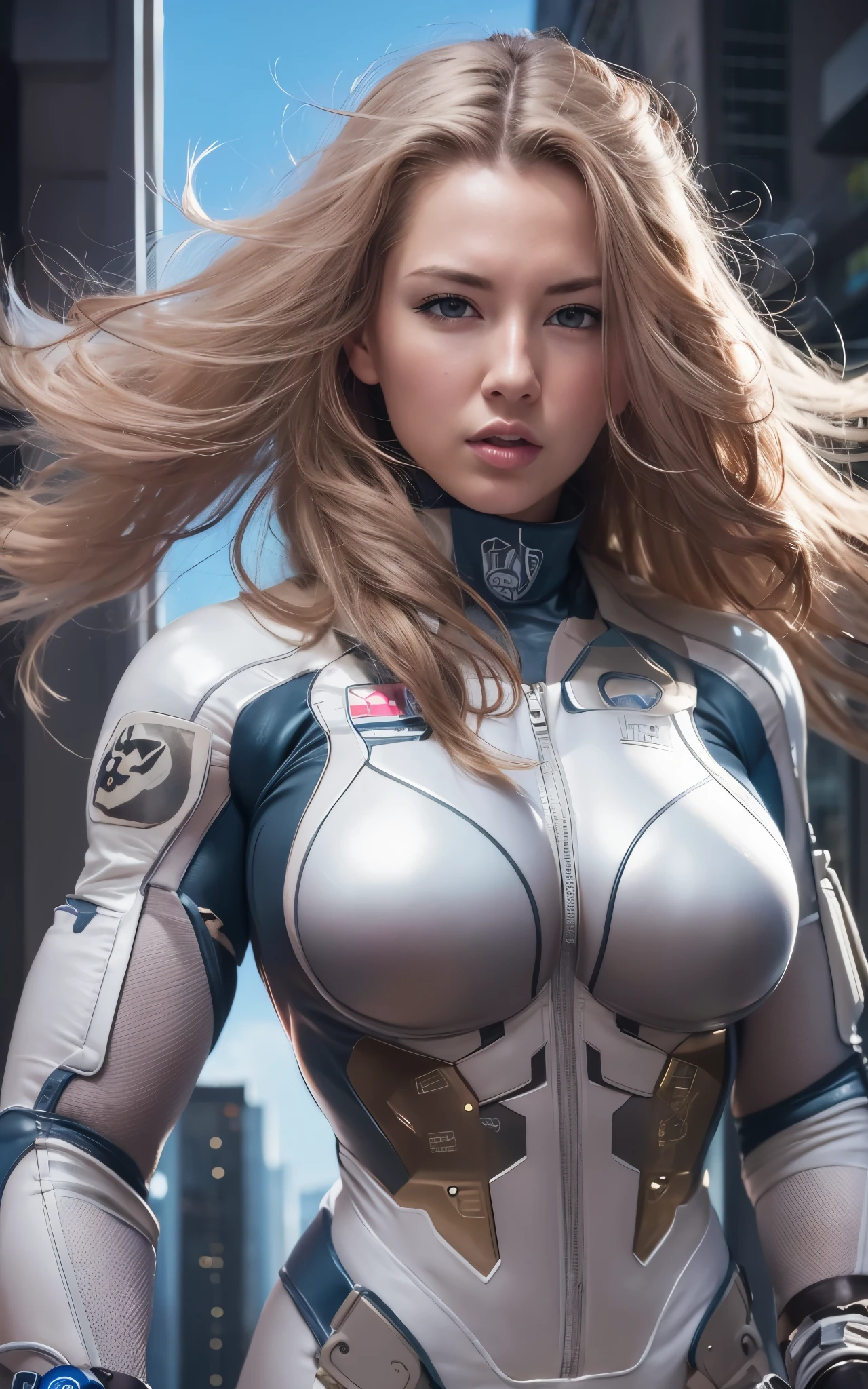 ((Best Quality)), ((masutepiece)), (Detailed: 1.4), (Absurd), Caucasian female fighter pilot ready for war, front walking, muscular sculptural body defined, Closed mouth, muscular body covered by technological clothing, Cyberpunk, ((perfect large breasts)), (blue eyes without pupils), long manga-style eyelashes, close to real, Crazy face, Sexy Pose, Centered, scale to fit the dimensions, nffsw (High dynamic range),Ray tracing,Hyper-Resolution,Unreal 5,Subsurface Dispersion, PBR Texture, Post-processing, Anisotropy Filtering, depth of fields, Maximum clarity and sharpness, Multilayer textures, Surface Shading, accurate simulation of light and material interactions, Perfect proportions, thirds rule, top-quality, in 8K, ultra-detailliert, Being on the roof of a skyscraper, Smooth bodysuit, spiffy white zero suit