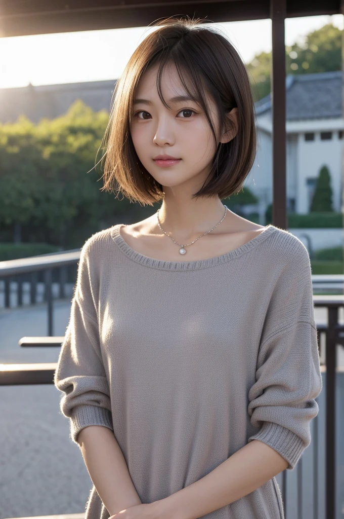  (slender Japanese girl), puffy face, broad jawline,big beady eyes,shiny eyes, (no make up:1.3), (flat chest:1.1), messy light brown hair, very short hair, navy tiered dress, tearful face, shy smile, grimace ,shiny eyes, thin silver necklace,  from front , theme park, ((masterpiece)), ((photo realistic)), ((highest quality)), casual knit, sunset, Angel