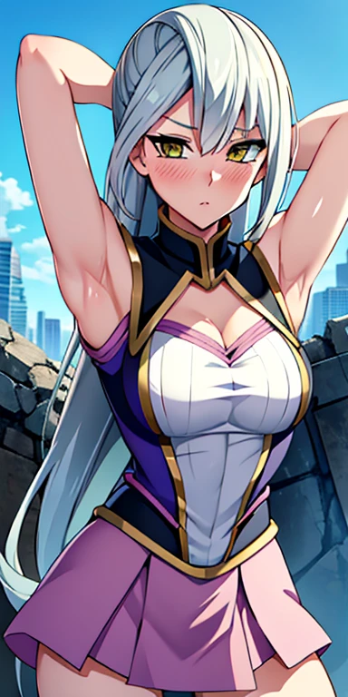 1 Female,High definition,high resolution,Ultra-realistic,8K, Grace Tyler, grey hair, yellow eyes,serious, long hair, large breasts,sleeveless,pink skirt, (ruins),blush,tight skirt, miniskirt, large breasts,European,sexy,Upper body close-up,Photographed from the front,Dynamic Angles,(blush), (medium tits) ,(arms behind head)